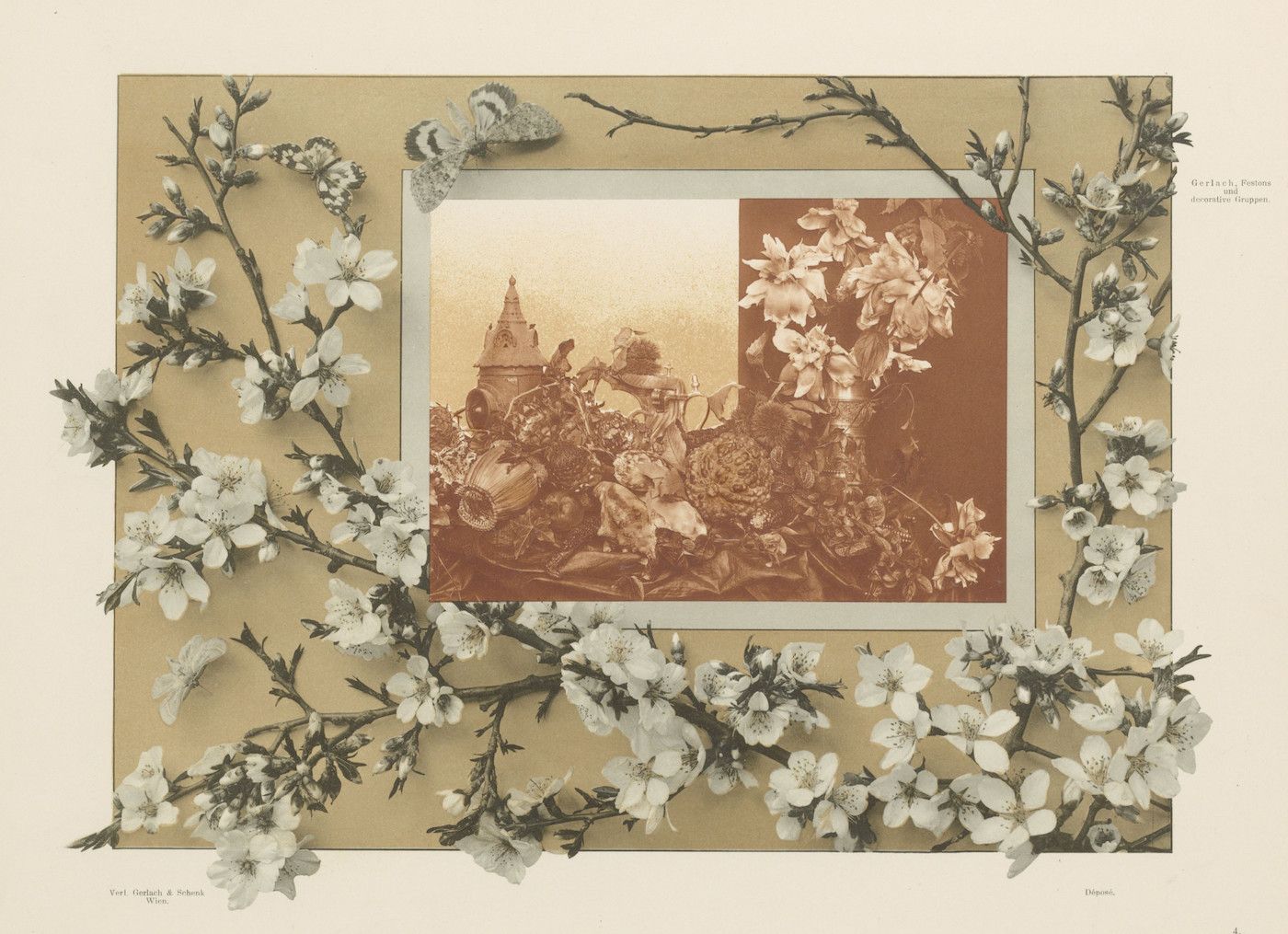 A vintage sepia-toned photograph of a floral arrangement framed by blossoms, with a butterfly above.