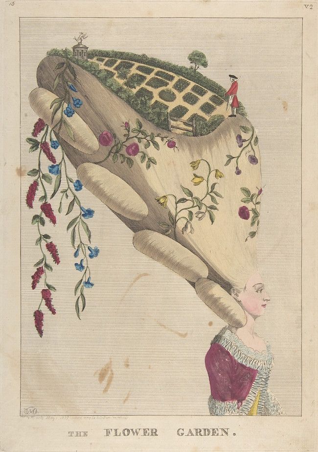 Vintage engraving of a flower garden built on a giant hand, with a person in period clothing below.