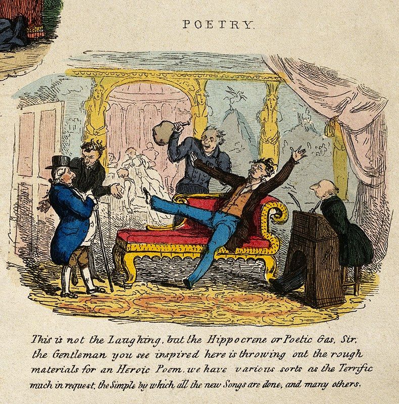 A hand-colored lithograph titled 'Poetry' depicting a man in a fit of poetic inspiration, observed by two other men in a lavishly decorated room.