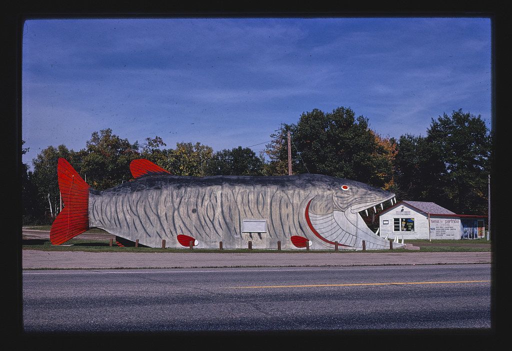 A large, fish-shaped building stands next to a road, with trees and a blue sky in the background.