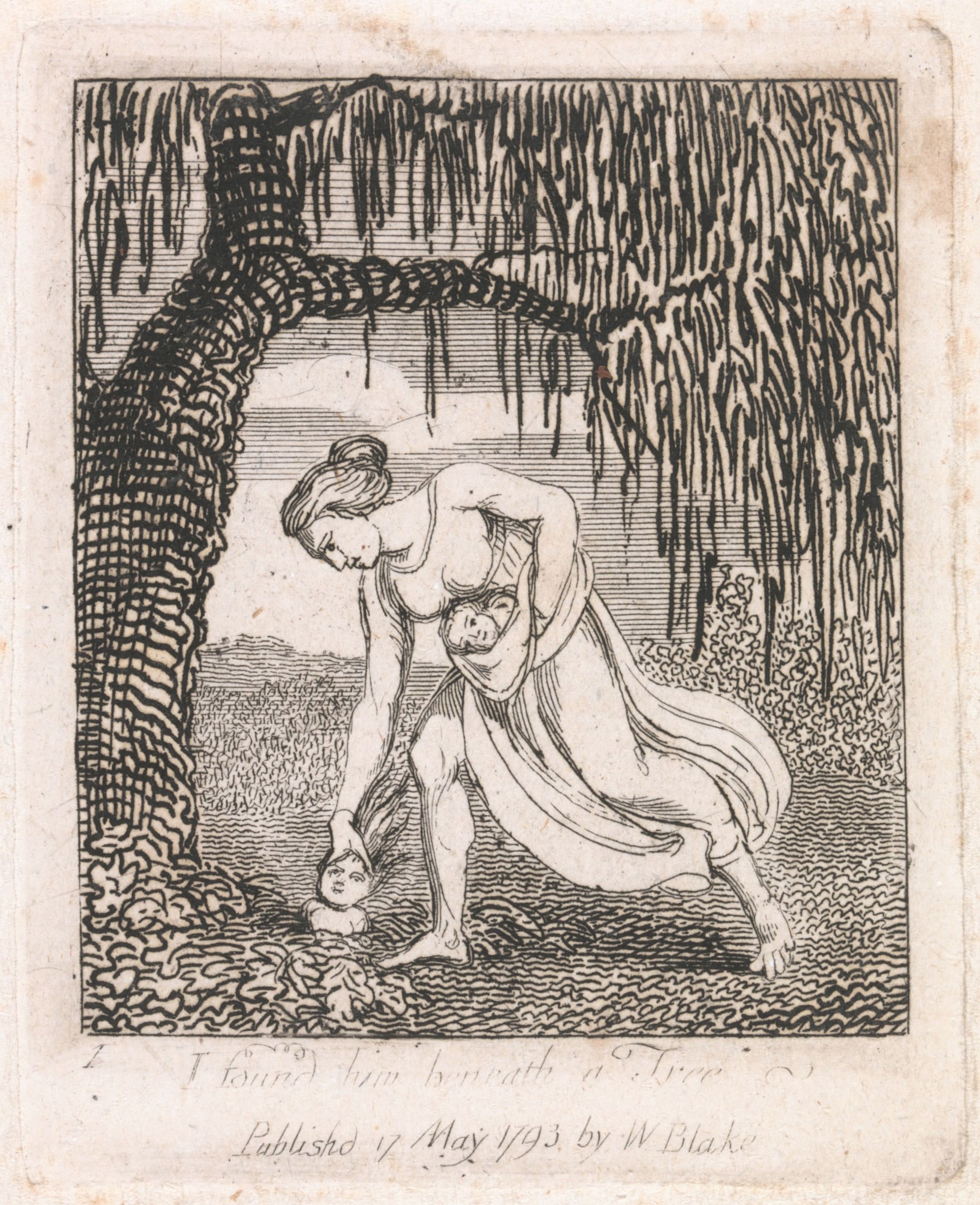 Engraving of a woman kneeling under a weeping willow tree, reaching towards a baby on the ground while holding another baby in her arms.