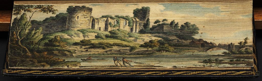 A tapestry depicting a landscape with a ruined castle, a river, trees, and people.