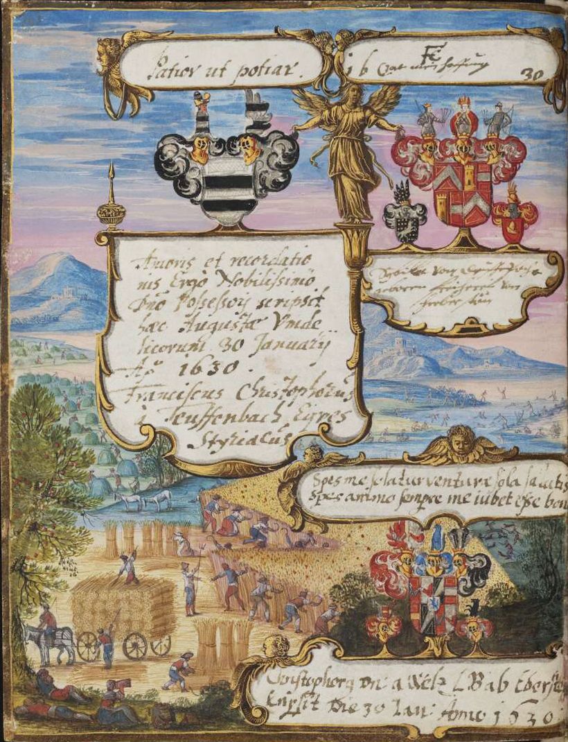 A detailed, colorful illustration from a historical document, featuring a coat of arms, a bustling landscape, and ornate text.