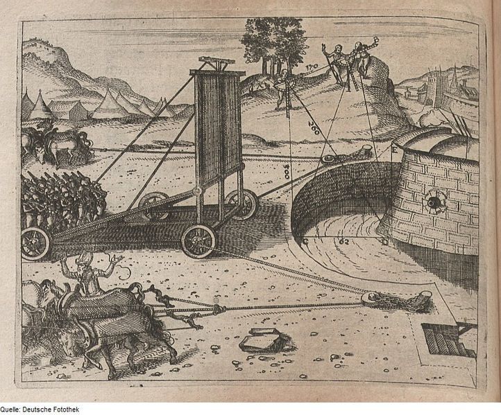 A detailed historical engraving depicting a siege scene with a large siege engine, a castle, and soldiers engaged in combat.