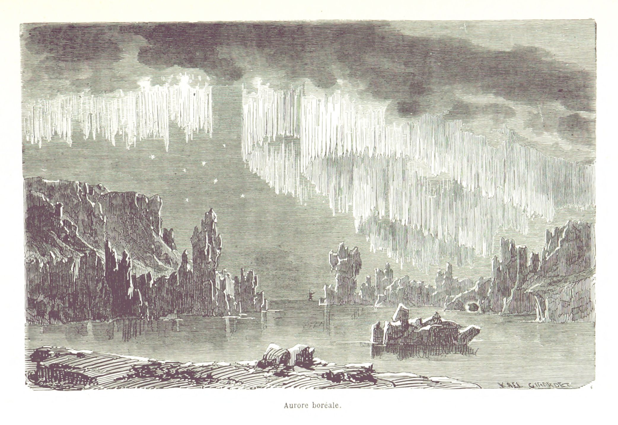 Vintage engraving of the Aurora Borealis over a mountainous coastline with people and boats.