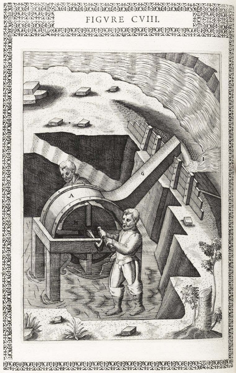 A detailed black and white engraving of a man operating a complex water-powered machine in a landscape setting.