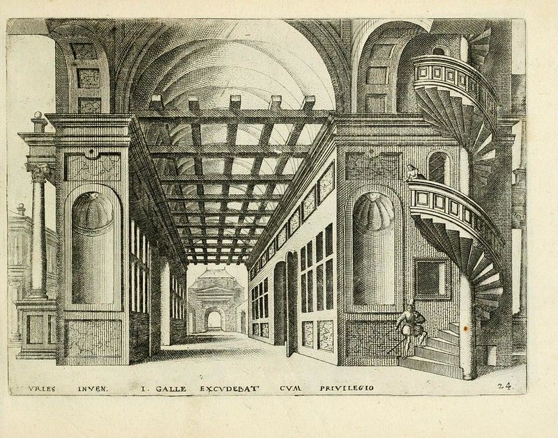 A black and white engraving of a long hallway with ornate columns, arches, and a spiral staircase. The perspective draws the eye deep into the space, and the overall style is highly detailed and precise.