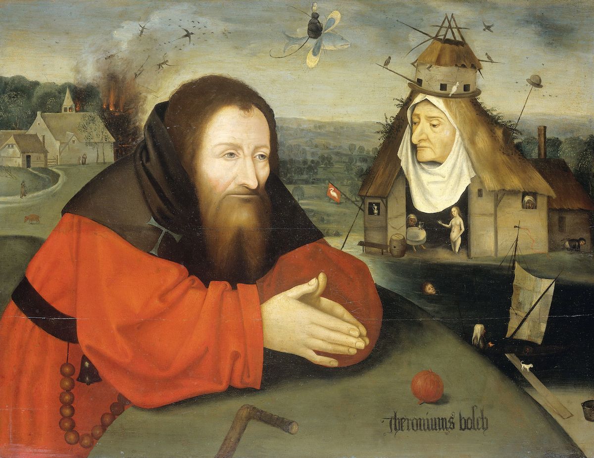 A painting by Hieronymus Bosch depicting a man in a red robe with a long black beard, looking towards a landscape with a windmill and a cloudy sky.