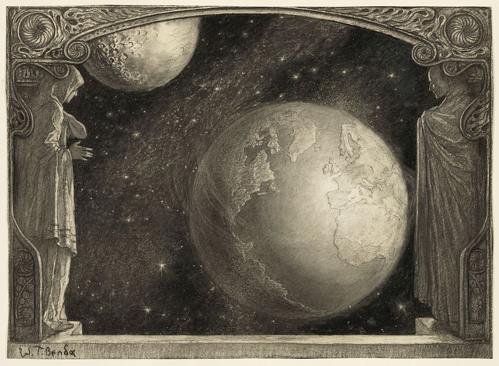 Black and white engraving of Earth and Moon framed by an ornate arch and a robed figure.