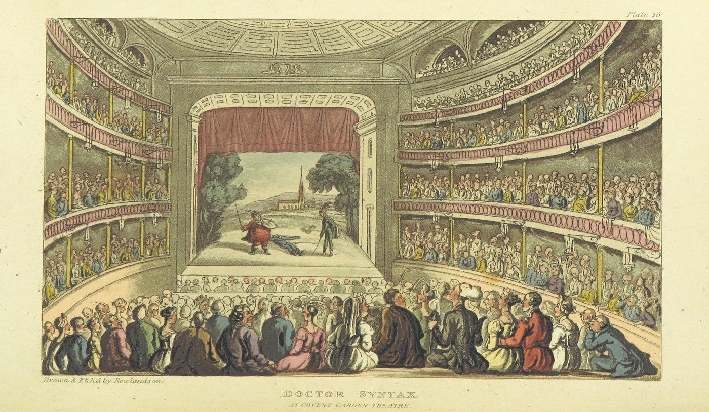 Vintage illustration of the interior of Covent Garden Theatre during a performance of 'Doctor Syntax'. The theatre is filled with an audience, and two actors are performing on stage.