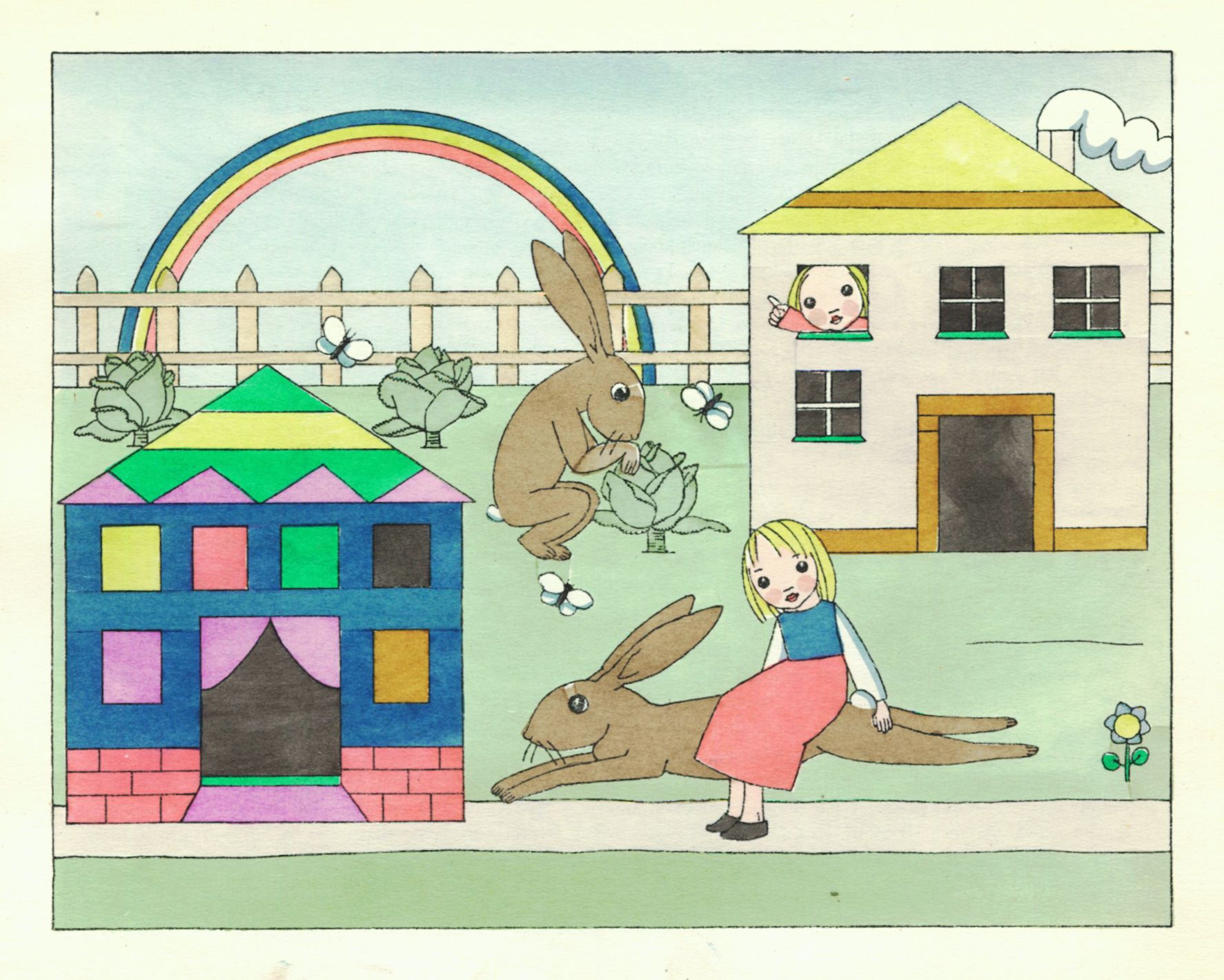 A colorful illustration of a girl being chased by a rabbit in a whimsical landscape with a rainbow, houses, and bees.