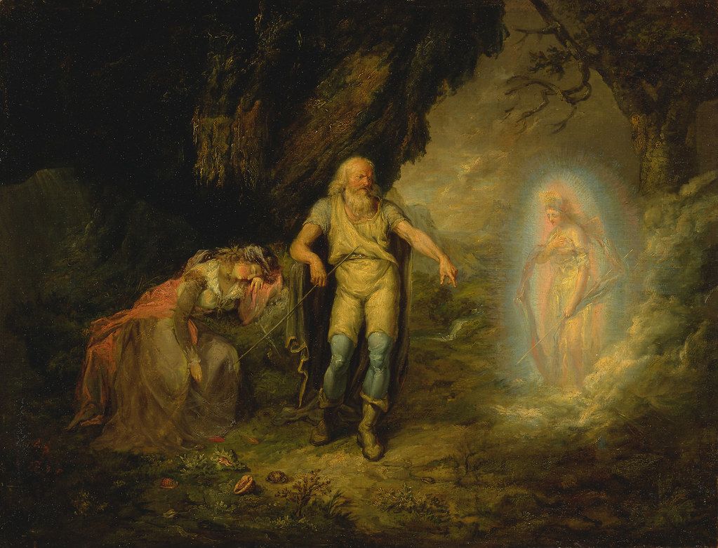 painting of a man and woman with a ghostly apparition