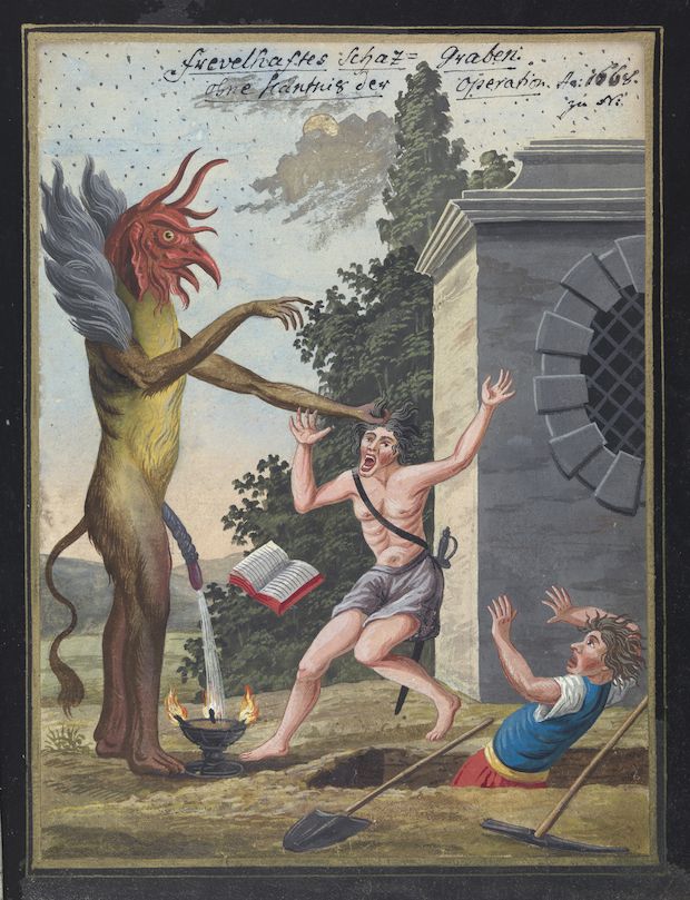 A painting depicting a demonic figure grasping a man over an open book, while another man falls backward in fear. A shovel lies on the ground, and a classical building with a gate is visible in the background.