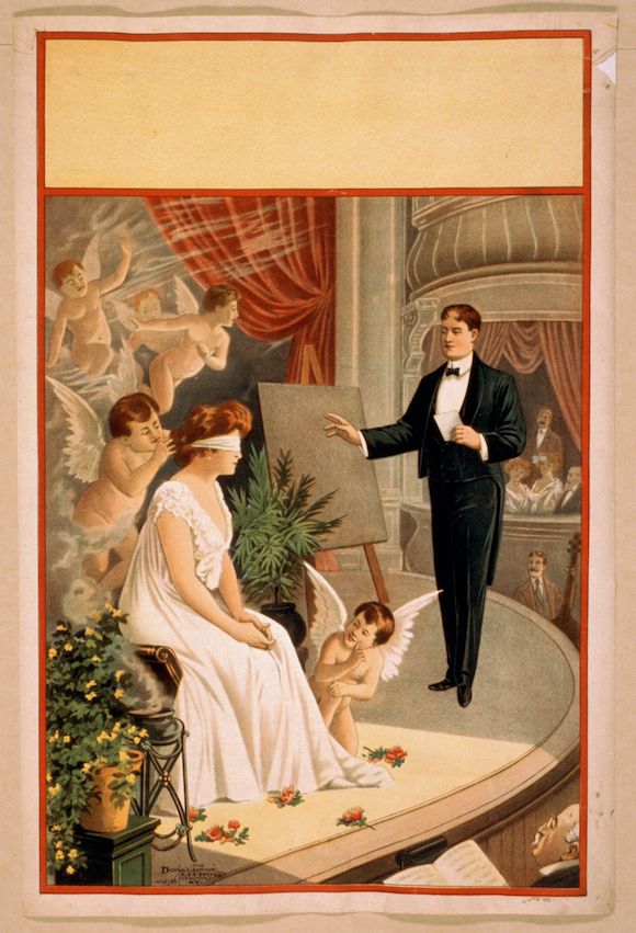 Vintage poster of a magician performing a magic trick with a blindfolded woman and cherubs on a stage.