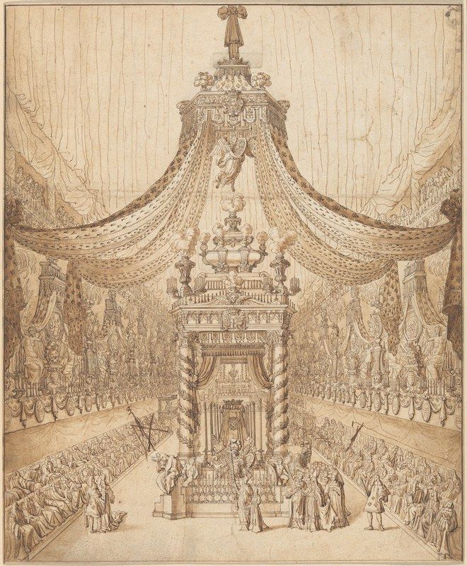 A detailed pen and ink drawing of a grand interior with a massive chandelier, a stage, and a large crowd of people.