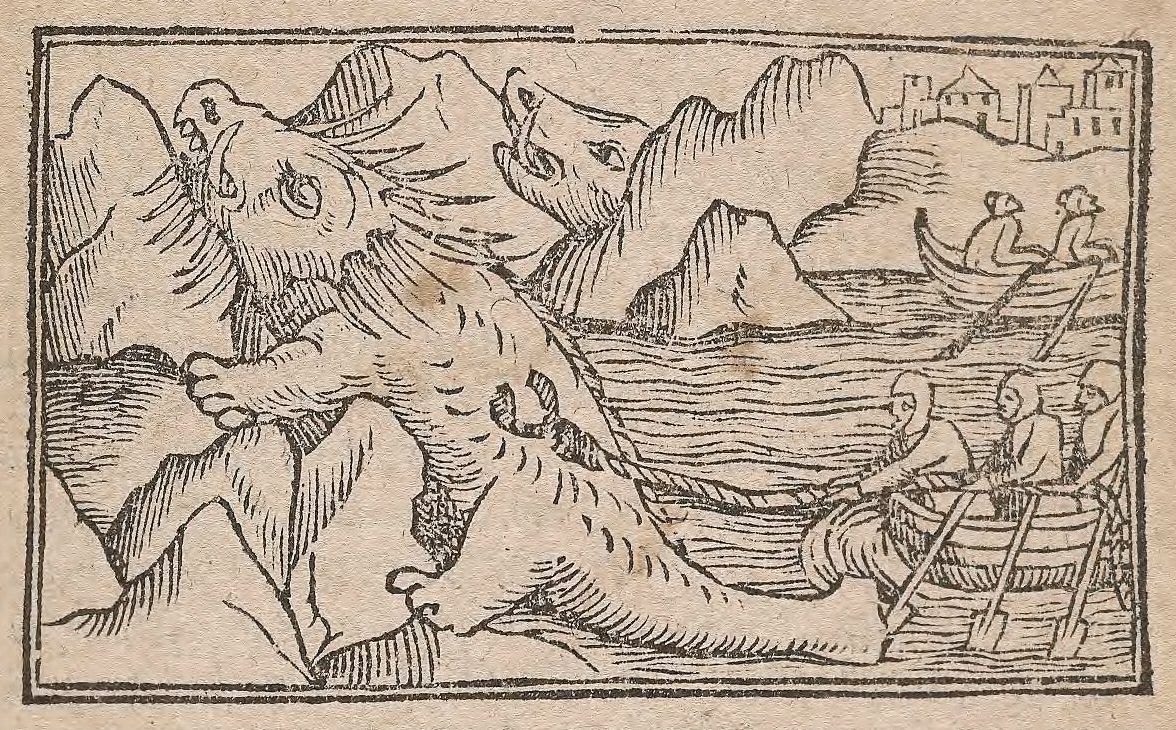 A woodcut illustration of a dragon emerging from water, with boats and a town in the background.