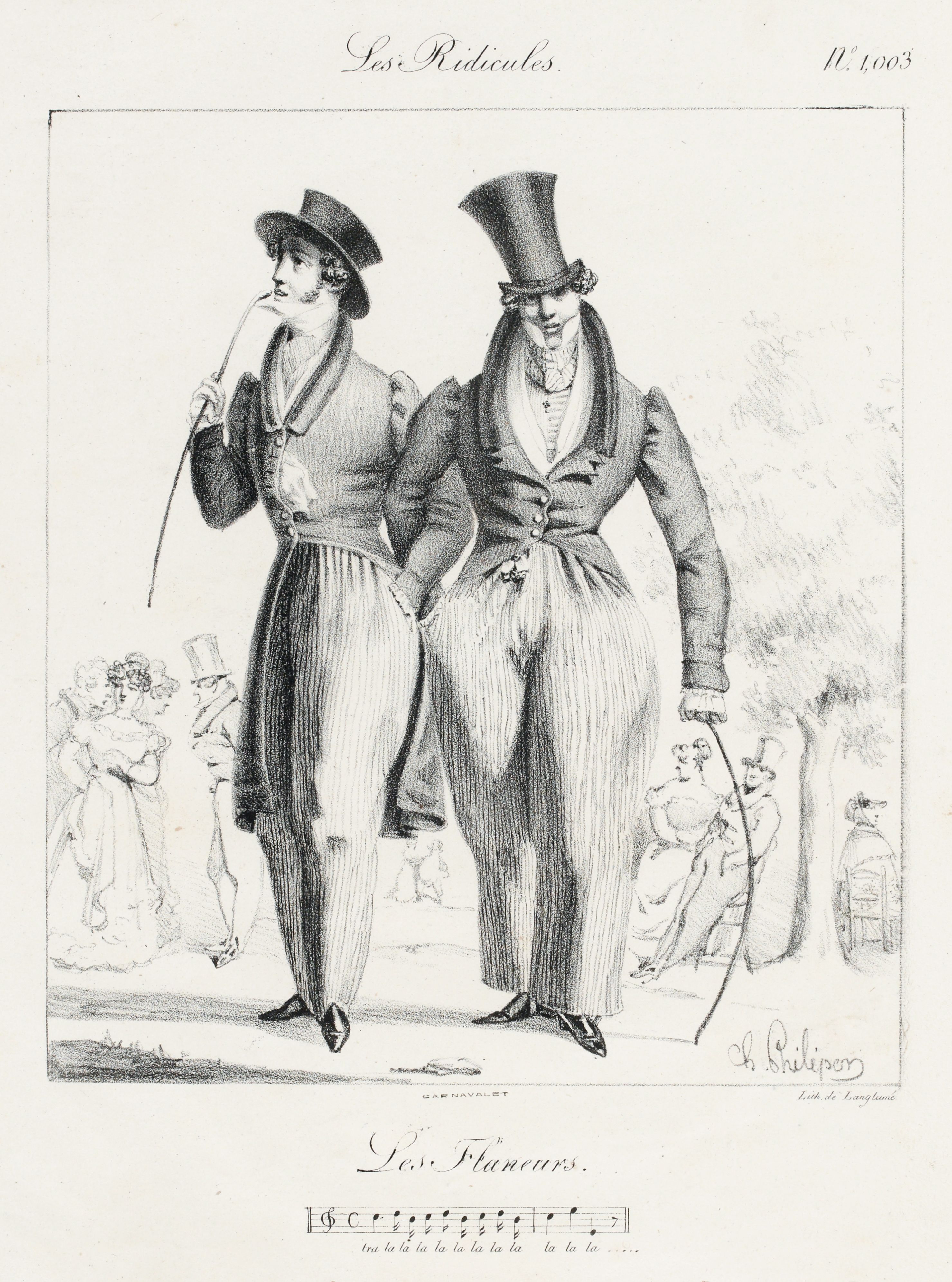 Black and white lithograph of two men in exaggerated fashion, titled 'Les Ridicules' and 'Les Flaneurs'.
