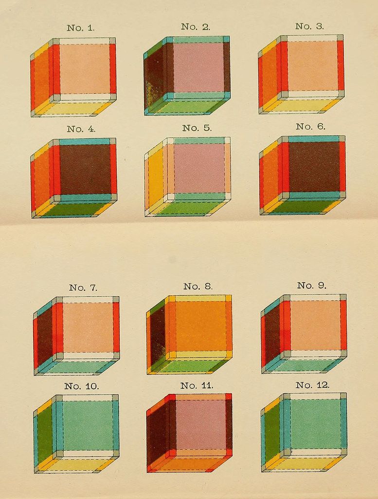 Vintage illustration of twelve isometric cubes with layered colored interiors, numbered 1 to 12.