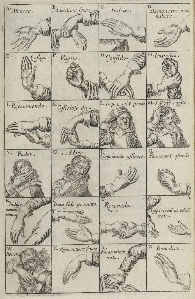 A vintage engraving depicting a grid of 20 panels, each showcasing a different hand gesture with a Latin phrase.