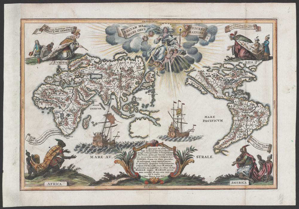 A detailed, colorful, and ornate historical map from the Renaissance period. It depicts a world map surrounded by allegorical figures and religious imagery.