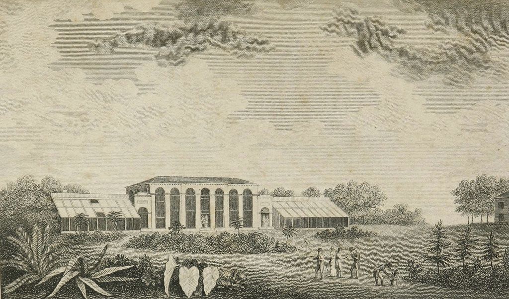 Vintage black and white engraving of a classical building with people in a landscape.