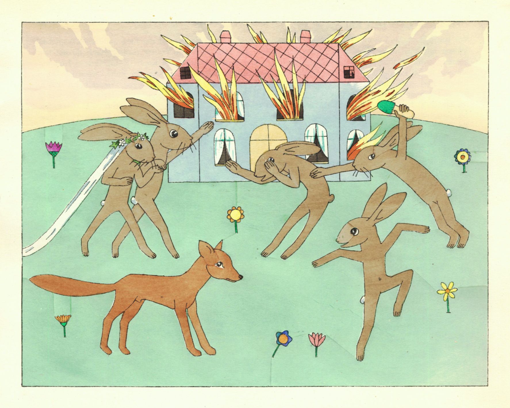 A whimsical illustration of a burning house surrounded by dancing rabbits and a calm fox.