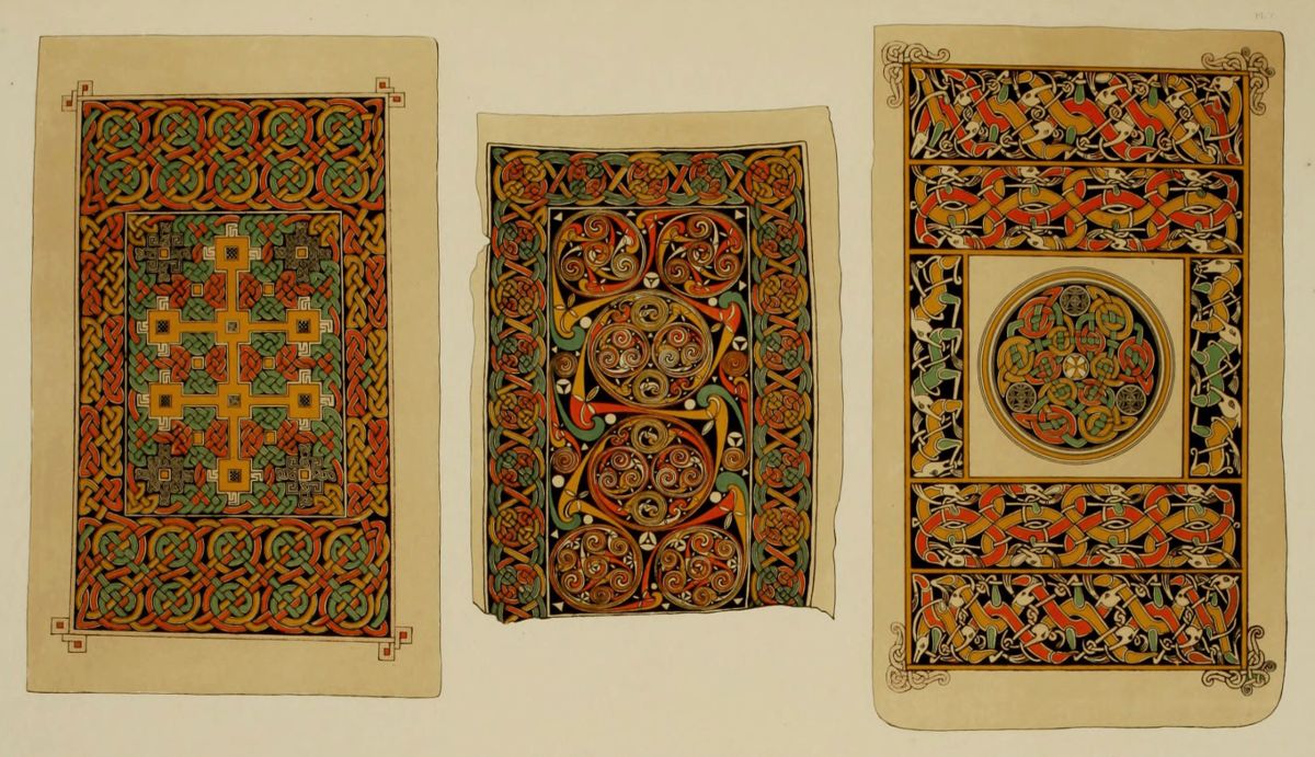 Three pages from an illuminated manuscript, each filled with intricate Celtic designs and patterns in shades of green, red, black, and yellow.