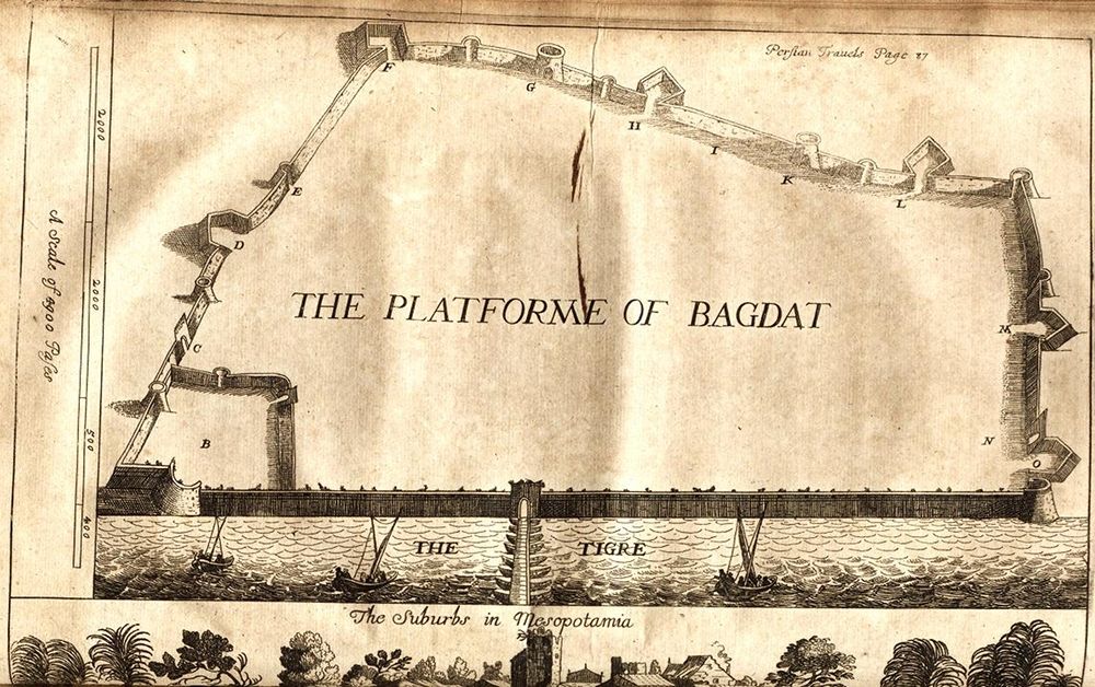 Vintage map of Baghdad, showing fortifications, river, and scale.