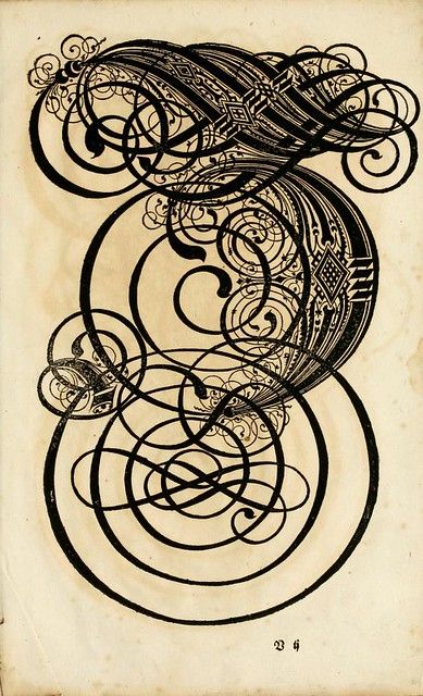 A detailed black and white illustration of an ornate, swirling design resembling a stylized initial letter, rendered in intricate scrollwork and geometric patterns.