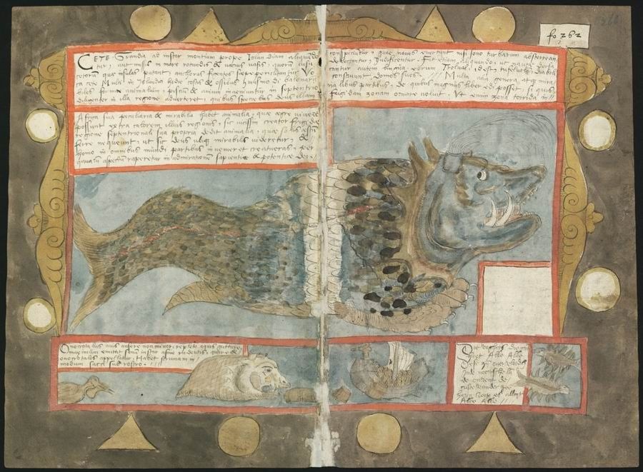 An open page from a medieval manuscript with a large illustration of a fantastical fish-like creature spanning both sides. The page is framed by an ornate border and filled with handwritten text.
