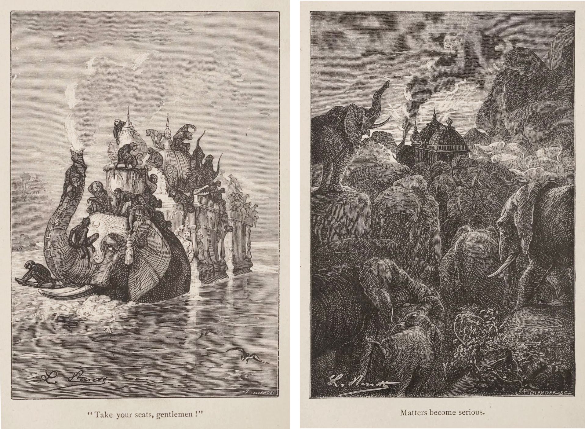 Two vintage-style illustrations depicting elephants and people. The left illustration shows men riding elephants in water, while the right illustration shows a chaotic scene of elephants in a forest.