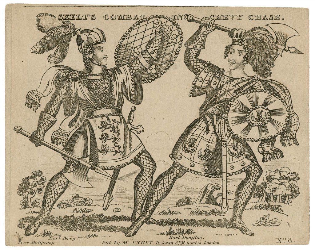 A black and white engraving of two knights on horseback engaged in a joust, titled 'SKELT'S COMBAT IN CHEVY CHASE'.