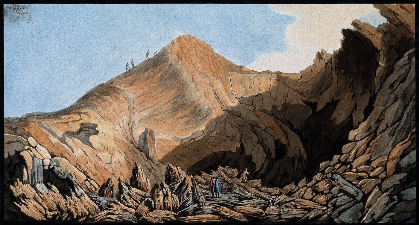 Watercolor painting of a rugged mountain landscape with people scattered throughout.