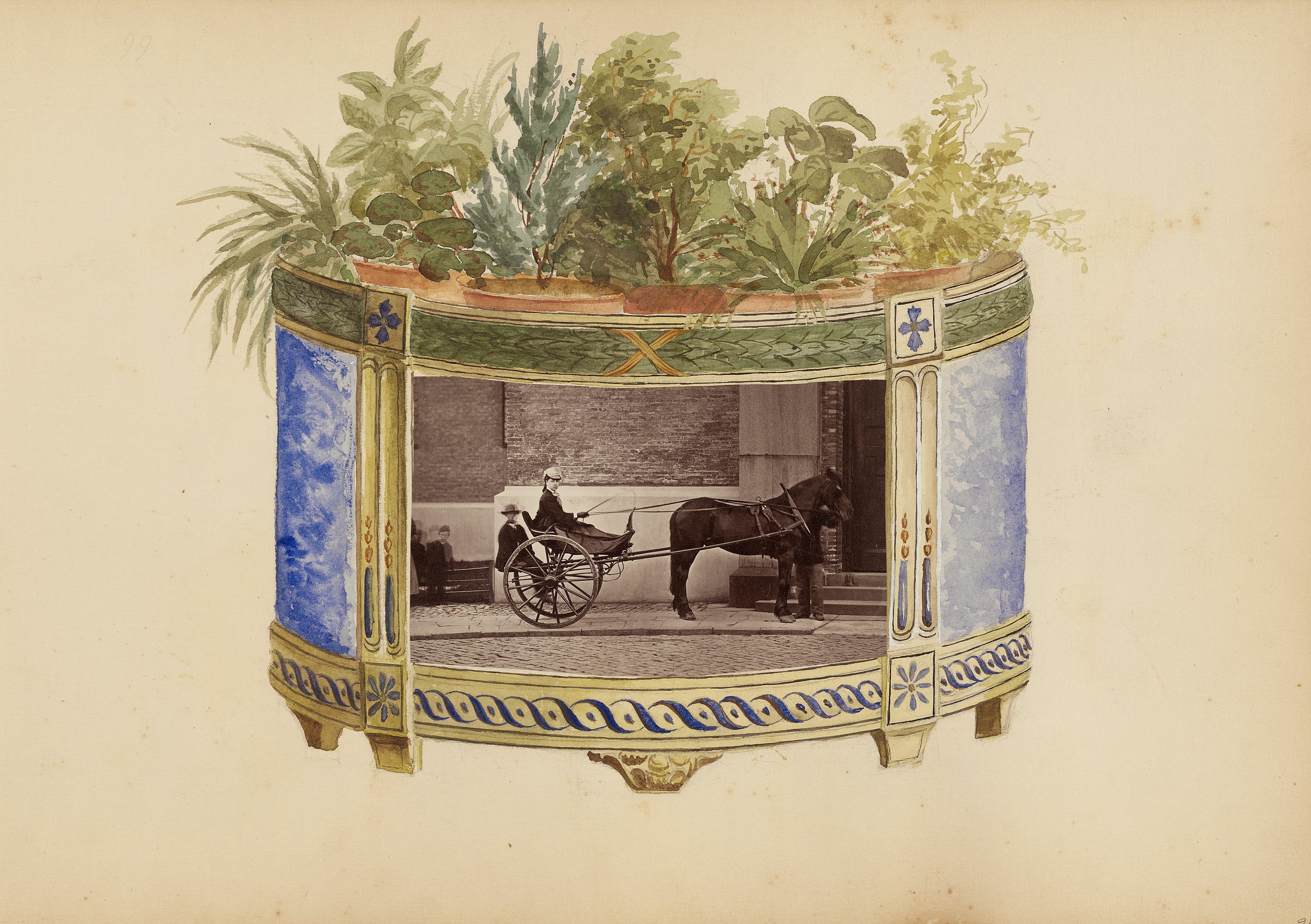 A vintage photograph of a decorative vase with a photograph embedded within its design.