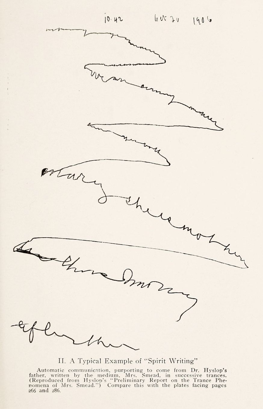 A page with automatic writing, consisting of flowing, connected lines and curves, with numbers and a caption at the bottom.