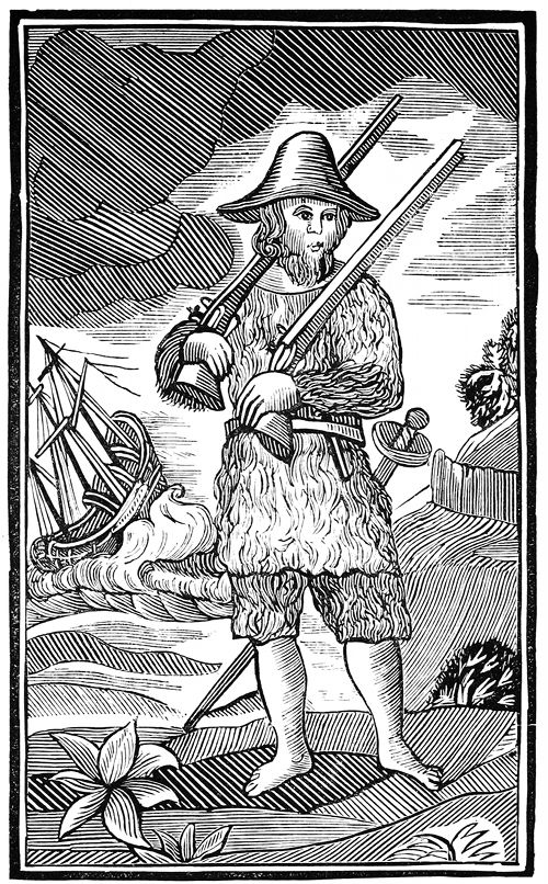 A black and white woodcut illustration of a man in historical clothing standing on a shore with a ship in the background.