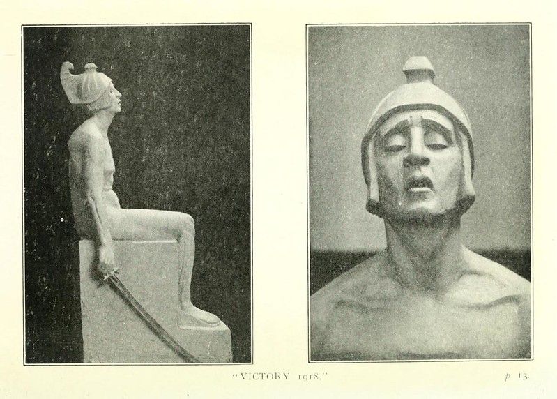 Two black and white photographs of a sculpture titled "VICTORY 1918". The left photograph depicts a full side view of a seated figure, while the right photograph is a close-up of the sculpture's head and upper torso.