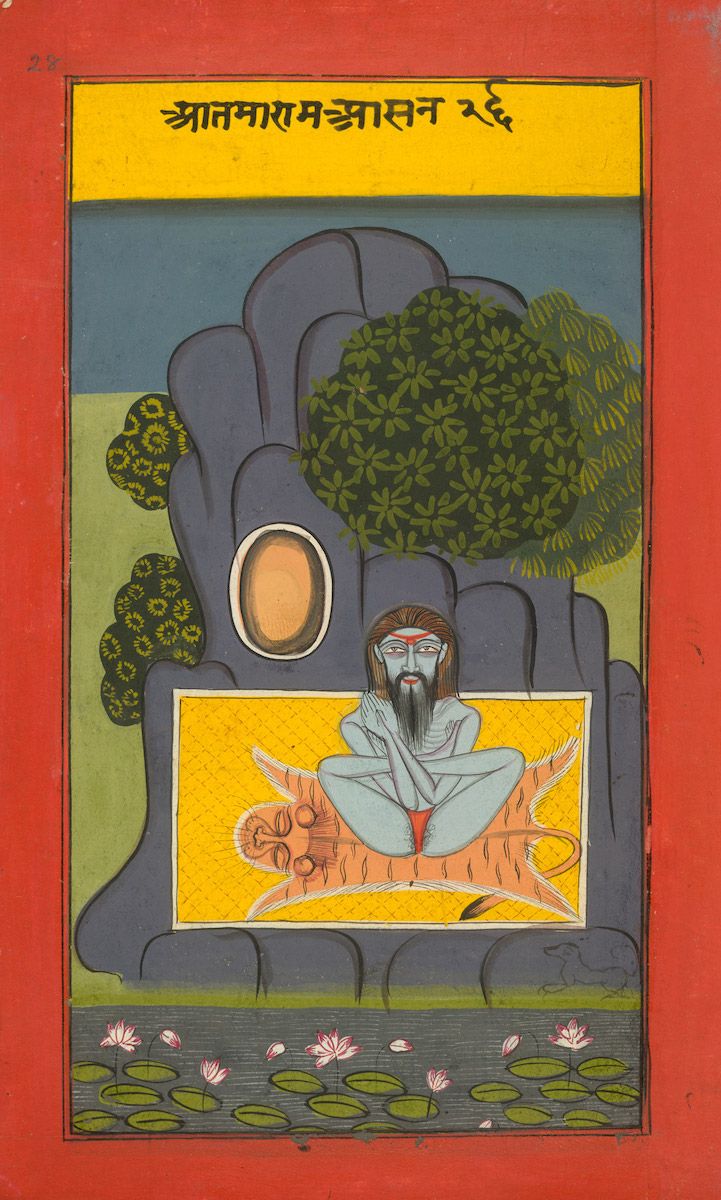 A traditional Indian miniature painting depicting a blue-skinned yogi meditating in a cave, with a body of water and lotus flowers below, and a golden bowl above.