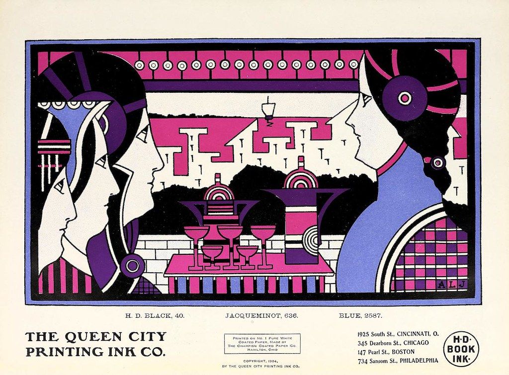 Vintage advertisement for The Queen City Printing Ink Co. featuring a geometric cityscape in purple, white, and blue.
