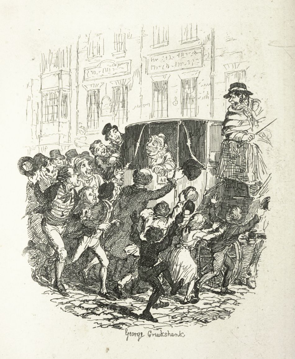 A black and white illustration of a crowded street scene with a horse-drawn carriage surrounded by people in period clothing.