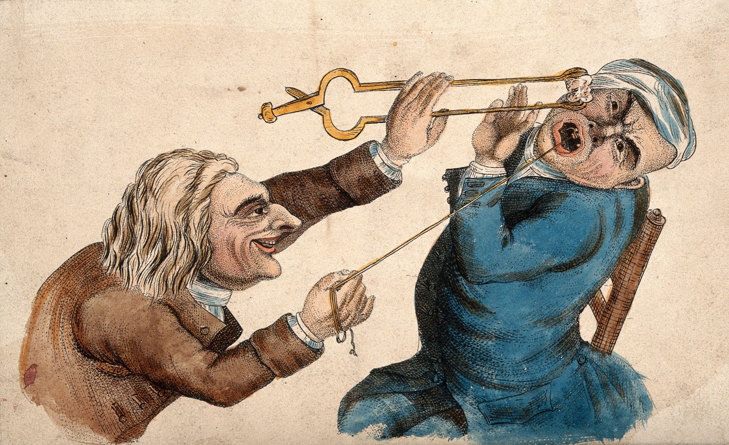 Vintage illustration of a dentist performing a procedure on a patient.