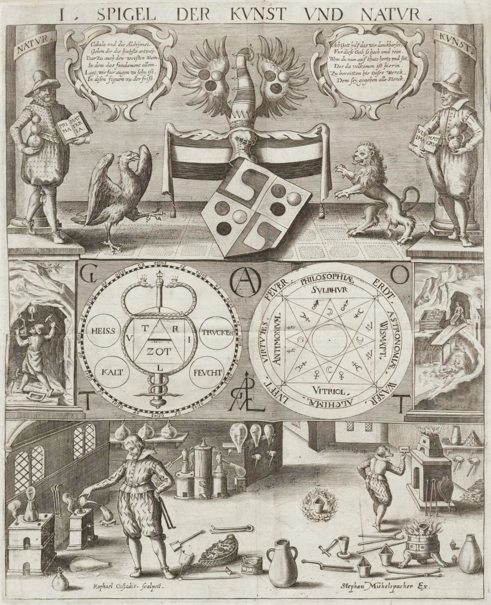 A detailed black and white engraving titled "I. SPIGEL DER KVNST VND NATVR.". It's a complex allegorical scene combining elements of alchemy and astronomy.