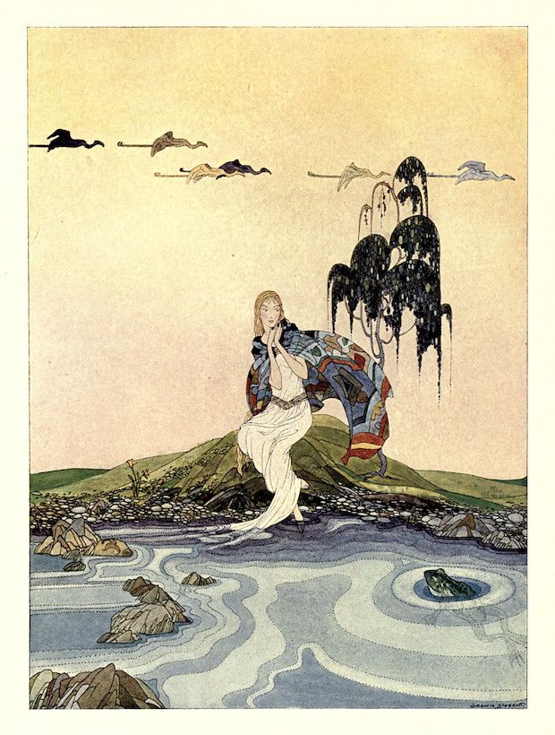 A vintage illustration of a person seated on a hill overlooking water, with birds flying in the sky and weeping willow trees in the background.