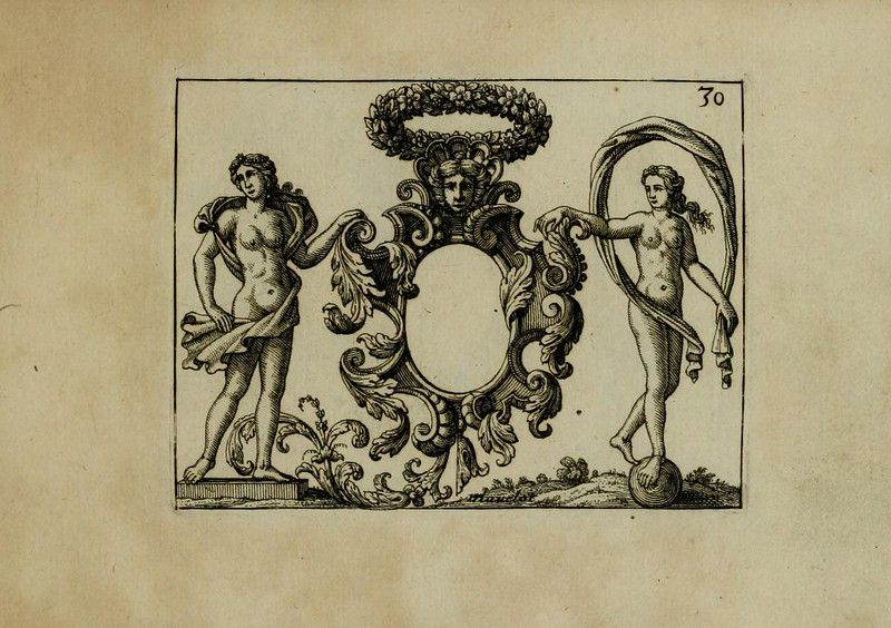 A vintage black and white engraving of an ornate design featuring a central oval frame flanked by two female figures and topped with a wreath.