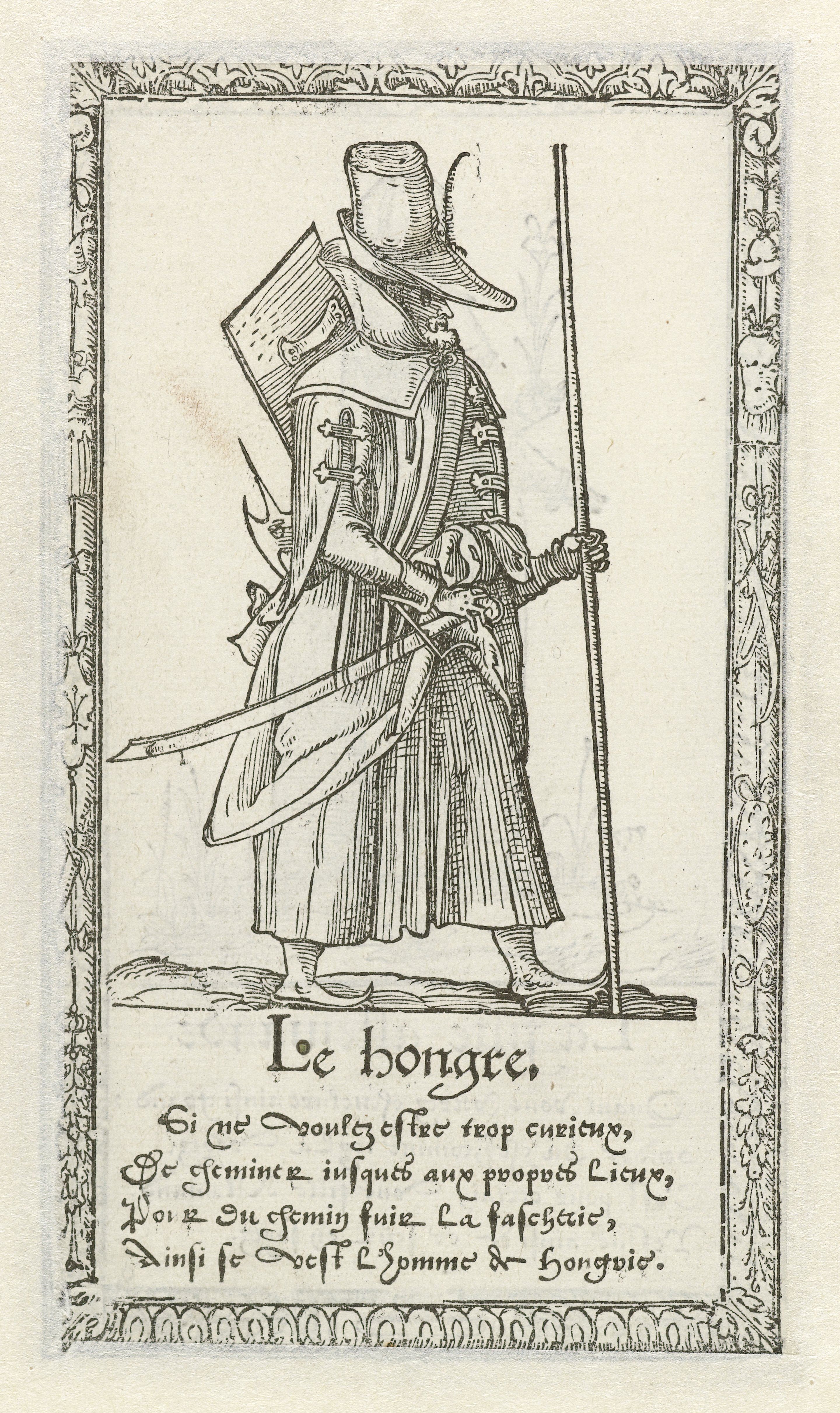 A black and white woodcut illustration of a knight in full armor, holding a sword and spear, with a shield on his arm, and a decorative border around the image.