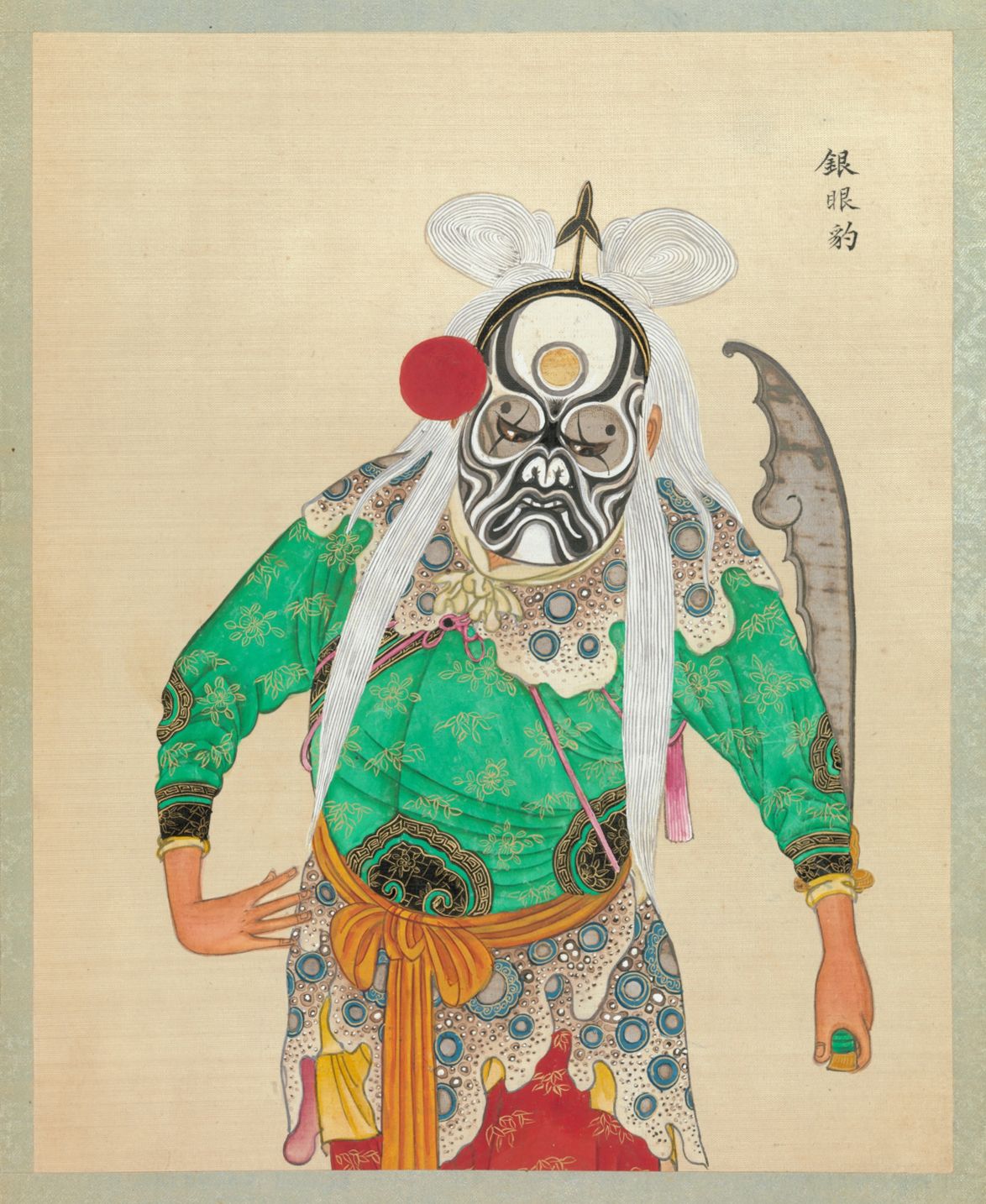 A full-body painting of a man in traditional Chinese opera attire with dramatic makeup and elaborate clothing, holding a curved weapon.