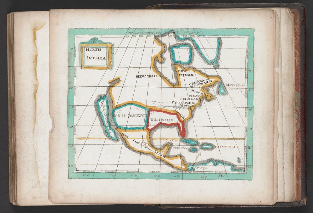 Vintage map of North America from a book, showing the eastern coast and Caribbean islands in a folk-art style.