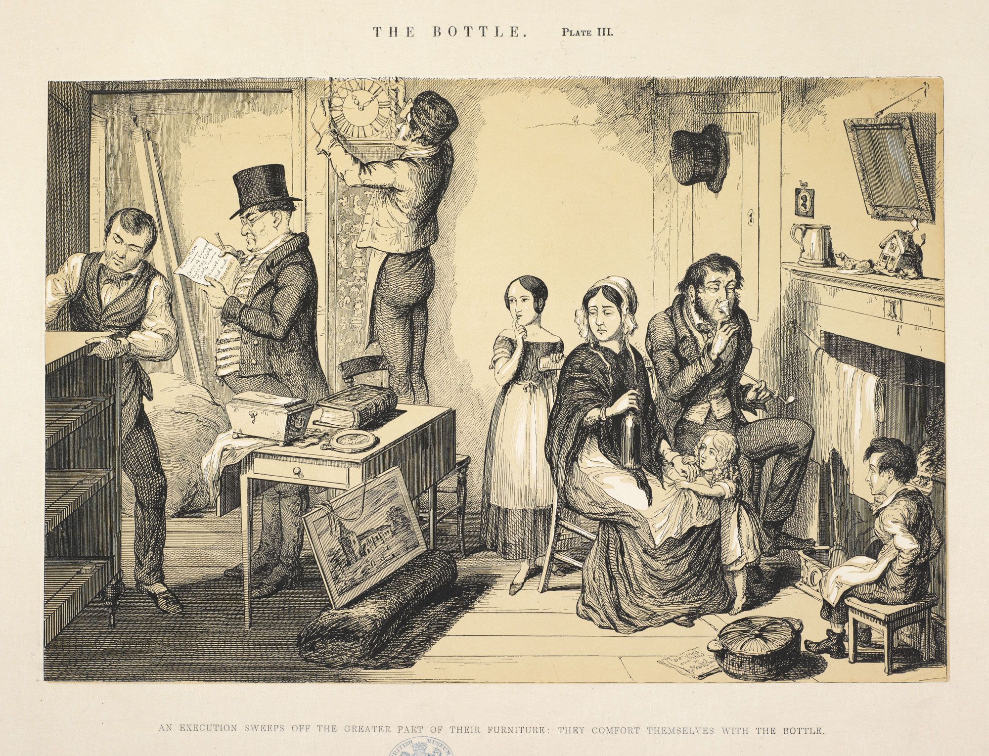 A black and white engraving titled "The Bottle, Plate III" depicting a scene of domestic distress and poverty.