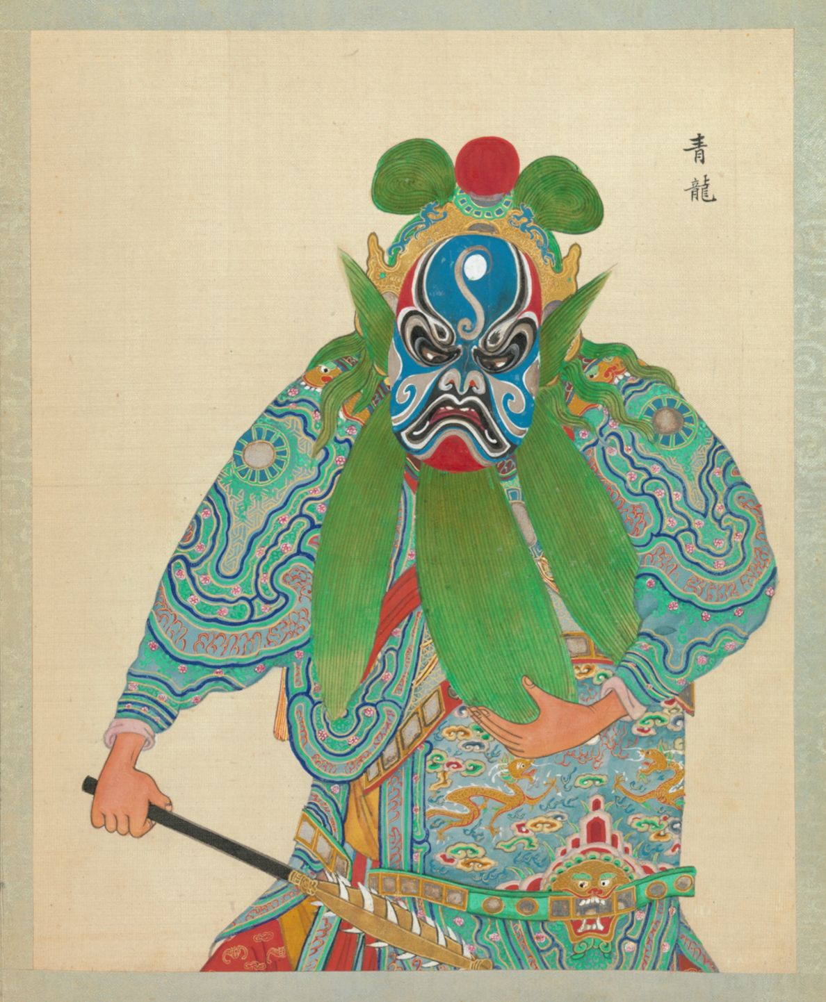 A full-body portrait of a figure in traditional Chinese opera attire, wearing a striking mask and richly decorated costume, holding a sword.