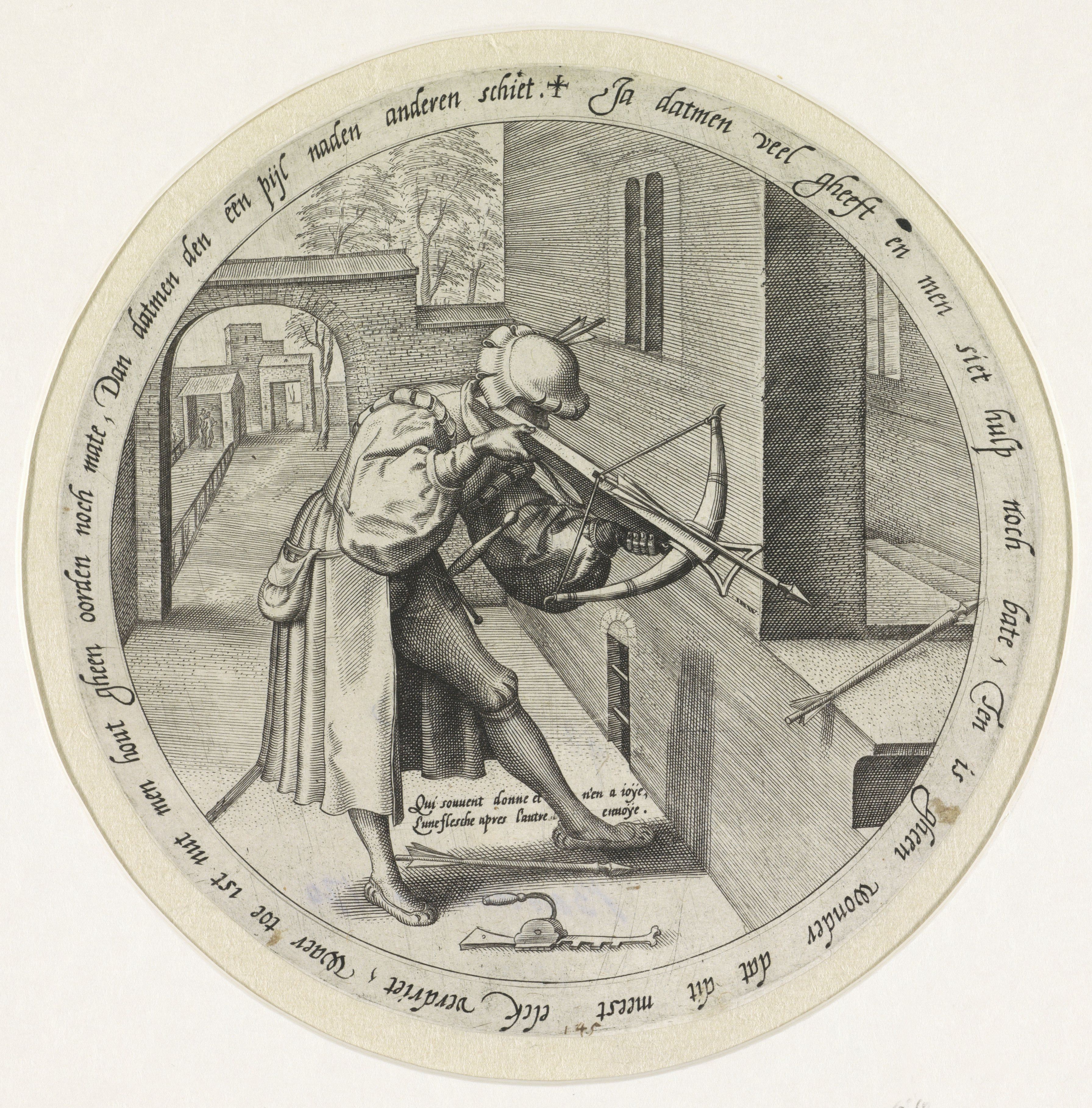 A black and white engraving of a man aiming a crossbow at a building, surrounded by a circular band of text.